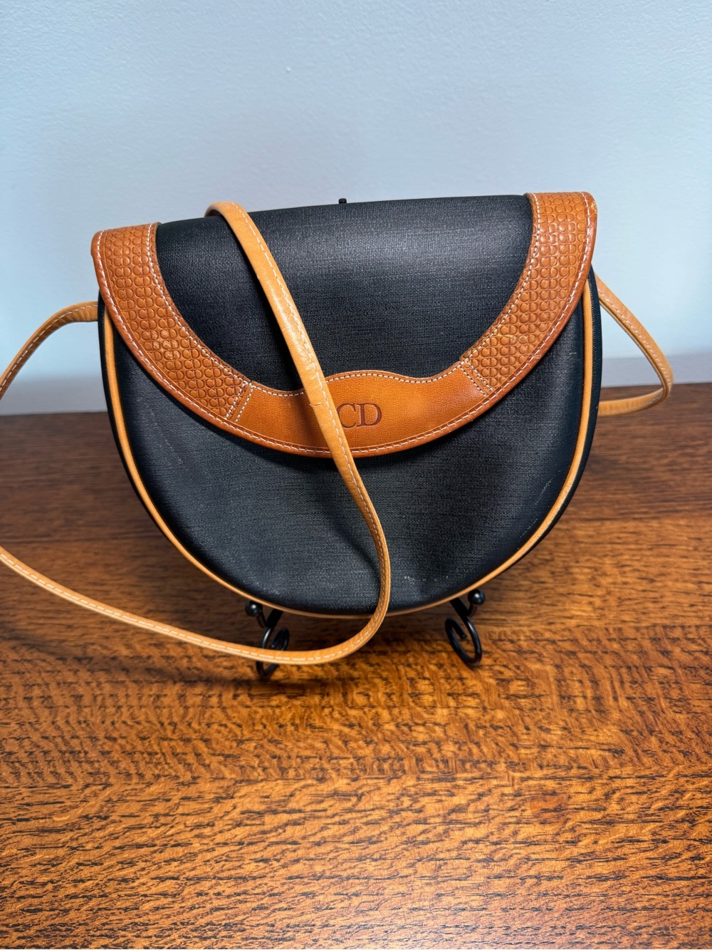 Christian Dior Vintage Black & Tan Canvas w/Leather-Trim Crescent Crossbody
